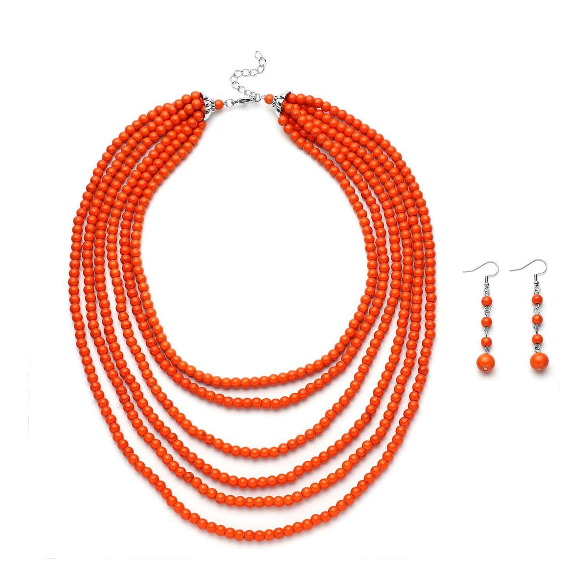 Freshened Orange Howlite Beaded Dangle Earrings and Multi Strand Necklace 18-20 Inches in Silvertone and Stainless Steel 758.50 ctw image number 0
