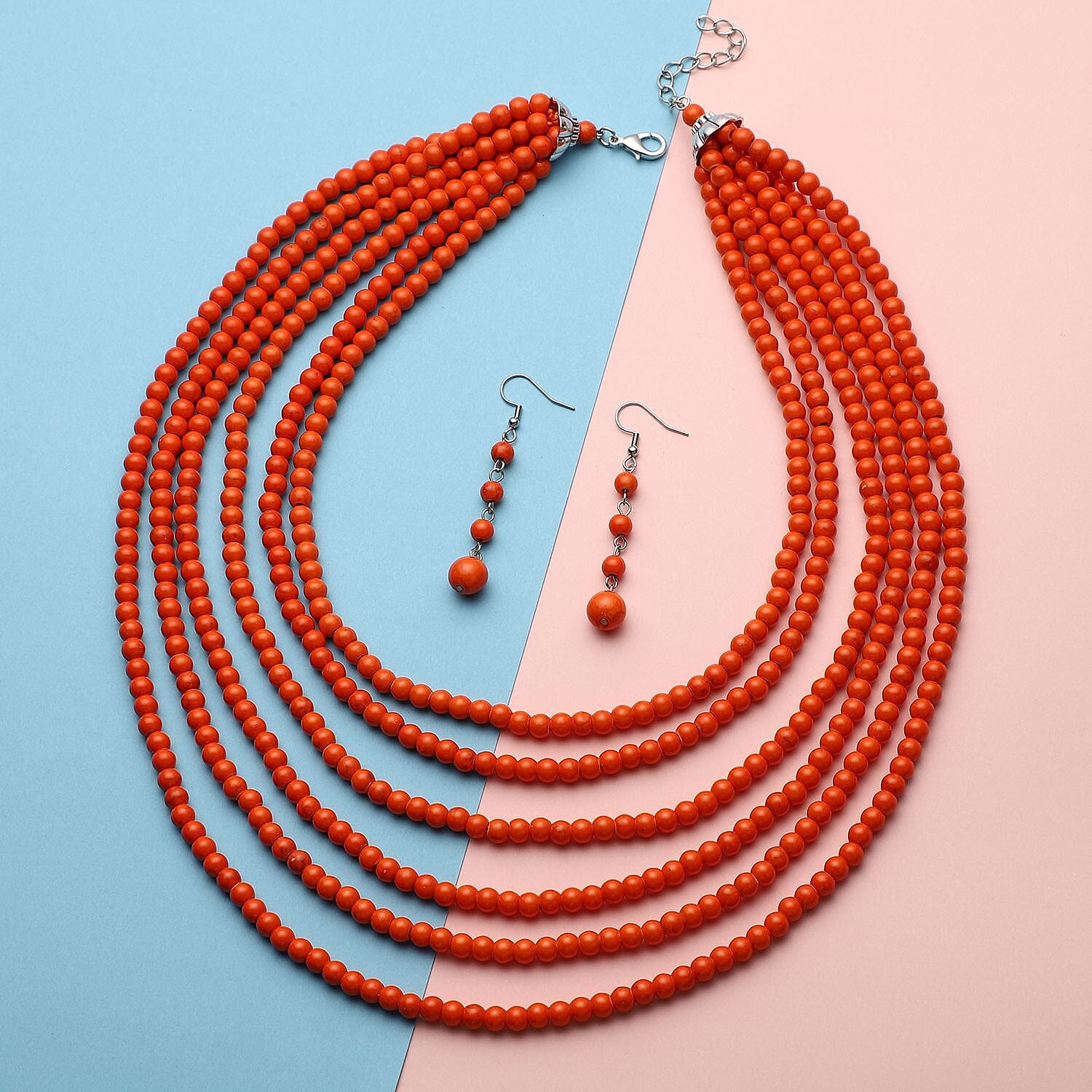Freshened Orange Howlite Beaded Dangle Earrings and Multi Strand Necklace 18-20 Inches in Silvertone and Stainless Steel 758.50 ctw