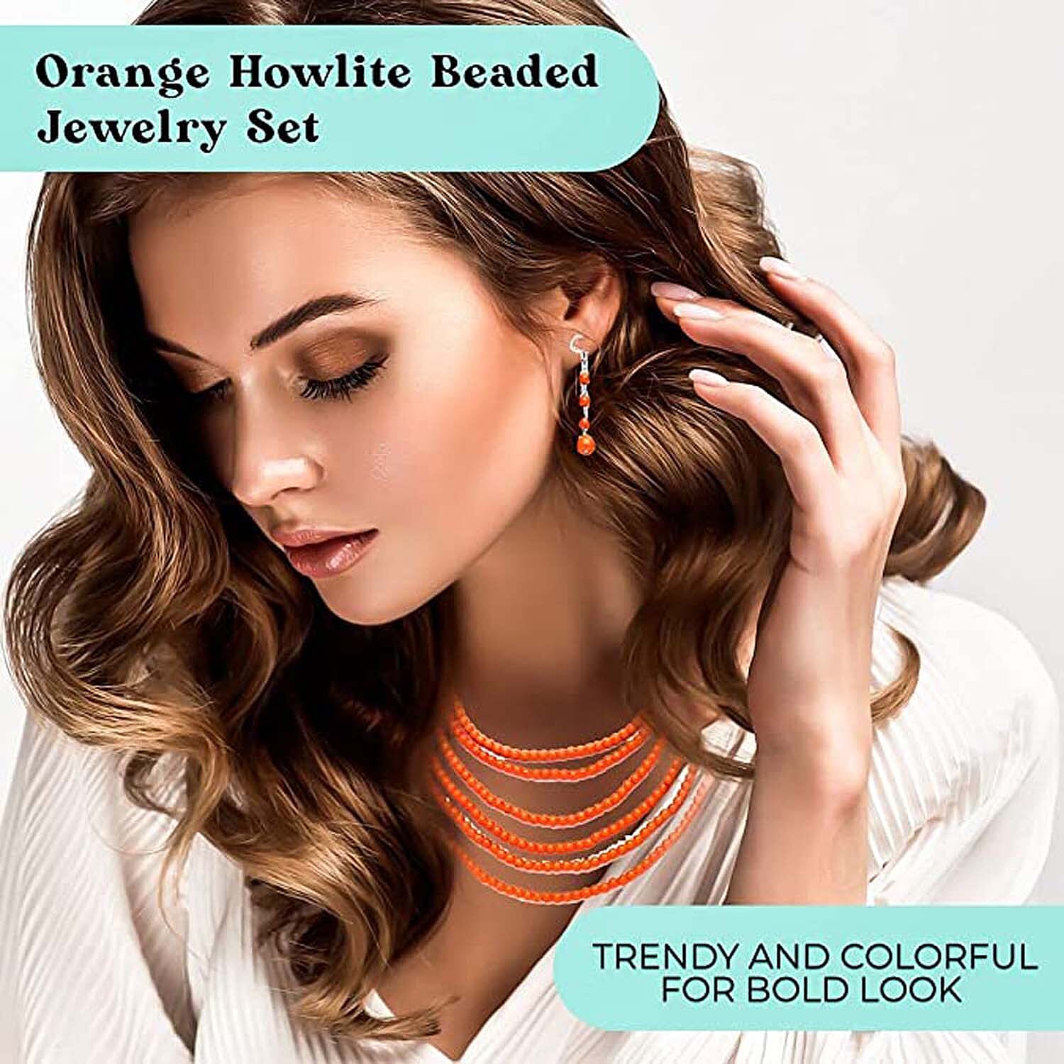 Freshened Orange Howlite Beaded Dangle Earrings and Multi Strand Necklace 18-20 Inches in Silvertone and Stainless Steel 758.50 ctw