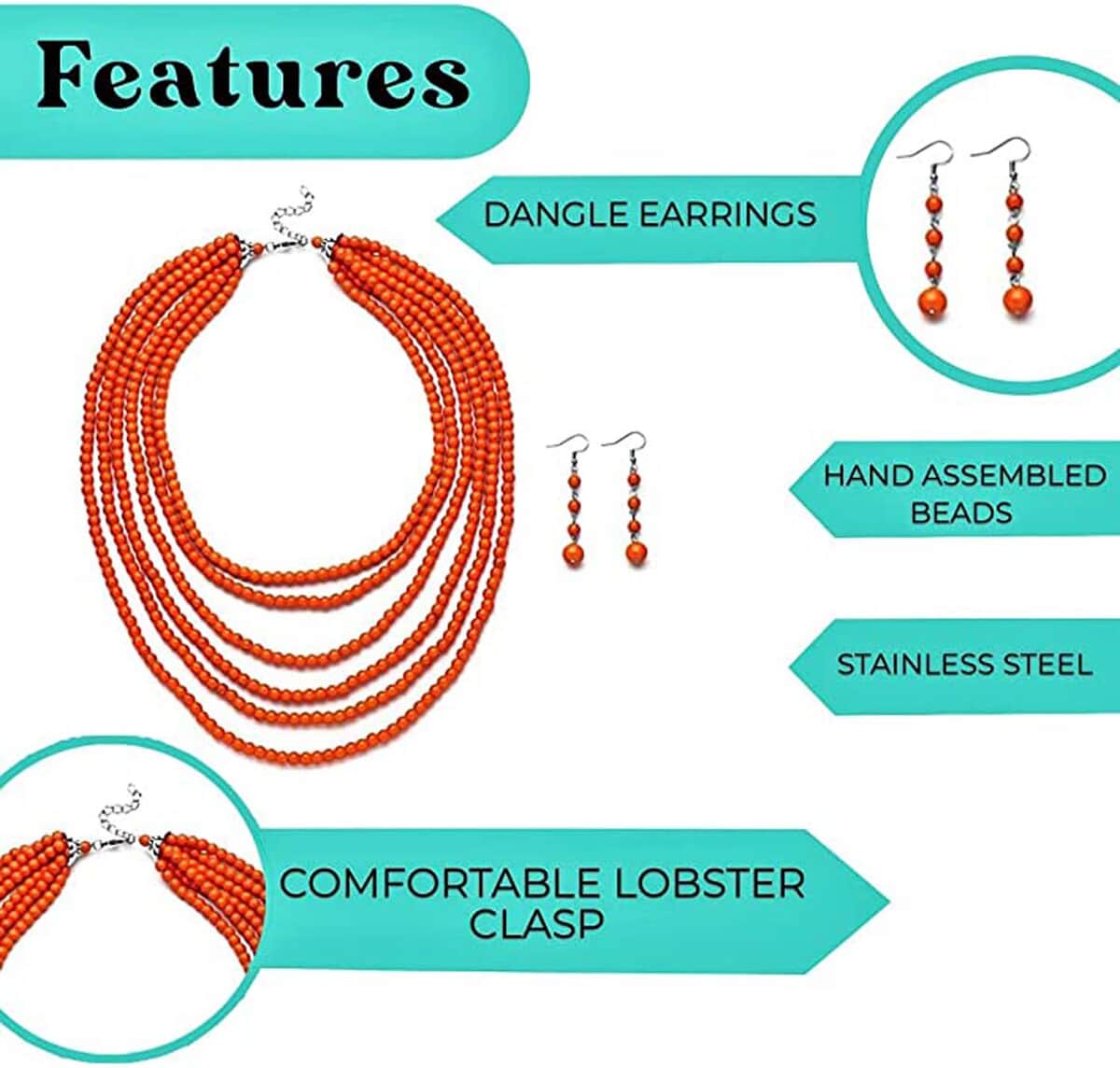 Freshened Orange Howlite Beaded Dangle Earrings and Multi Strand Necklace 18-20 Inches in Silvertone and Stainless Steel 758.50 ctw image number 5
