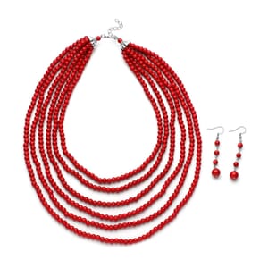 Freshened Red Howlite Beaded Dangle Earrings and Multi Strand Necklace 18-20 Inches in Black Oxidized Silvertone and Stainless Steel 783.50 ctw