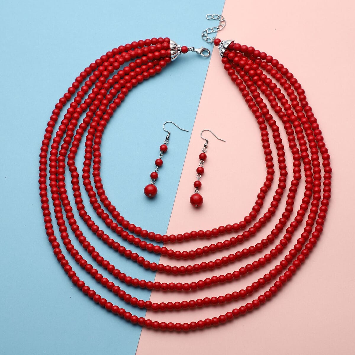 Freshened Red Howlite Beaded Dangle Earrings and Multi Strand Necklace 18-20 Inches in Black Oxidized Silvertone and Stainless Steel 783.50 ctw image number 1