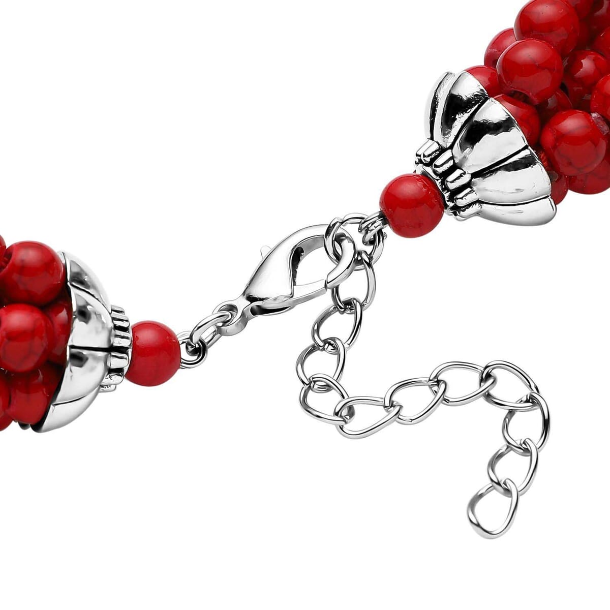 Freshened Red Howlite Beaded Dangle Earrings and Multi Strand Necklace 18-20 Inches in Black Oxidized Silvertone and Stainless Steel 783.50 ctw image number 2