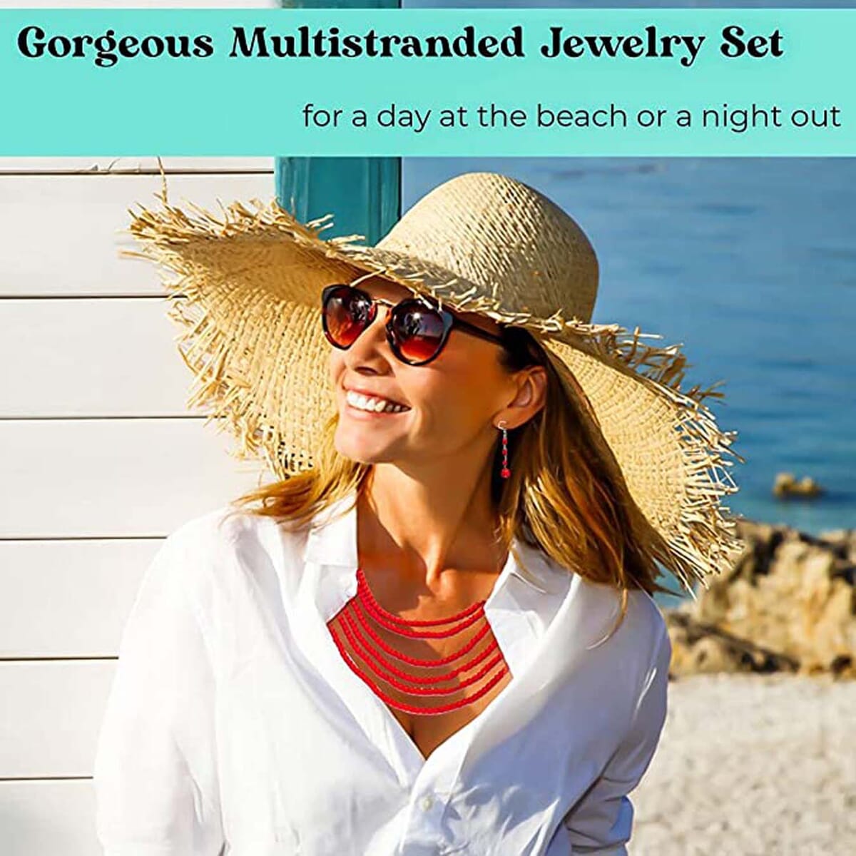 Freshened Red Howlite Beaded Dangle Earrings and Multi Strand Necklace 18-20 Inches in Black Oxidized Silvertone and Stainless Steel 783.50 ctw image number 3