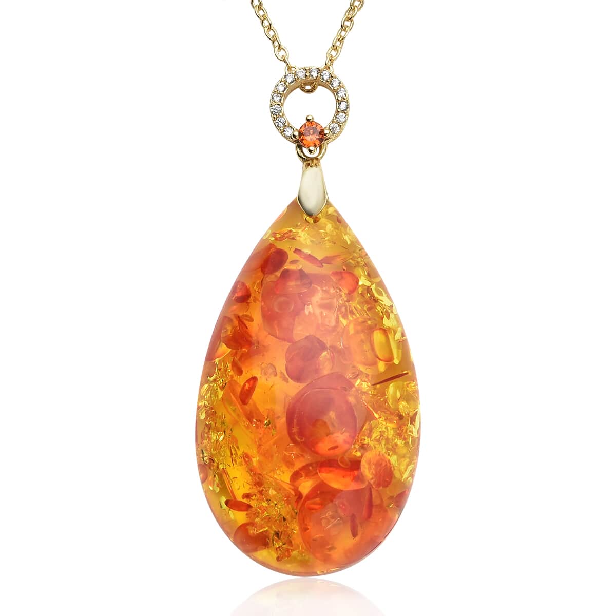 Simulated Amber and Simulated White and Orange Diamond Pendant Necklace 18 Inches in Goldtone image number 0