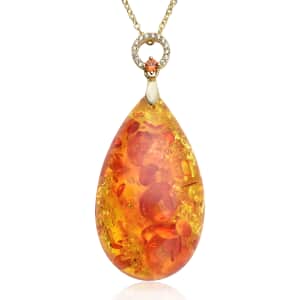 Simulated Amber and Simulated White and Orange Diamond Pendant Necklace 18 Inches in Goldtone