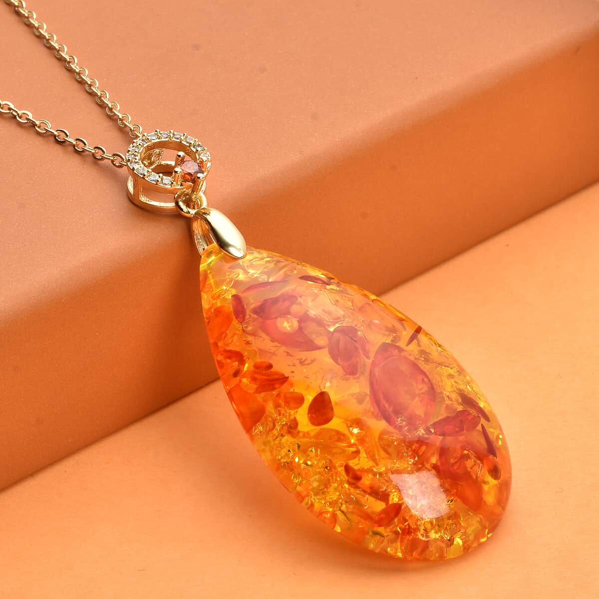Simulated Amber and Simulated White and Orange Diamond Pendant Necklace 18 Inches in Goldtone image number 1