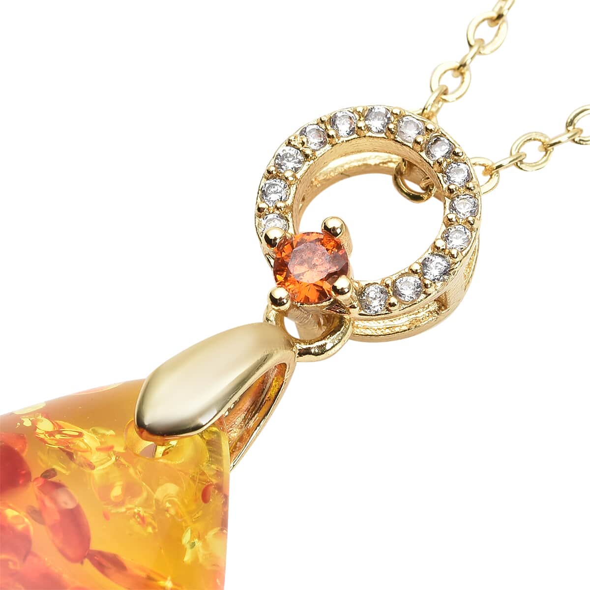 Simulated Amber and Simulated White and Orange Diamond Pendant Necklace 18 Inches in Goldtone image number 4