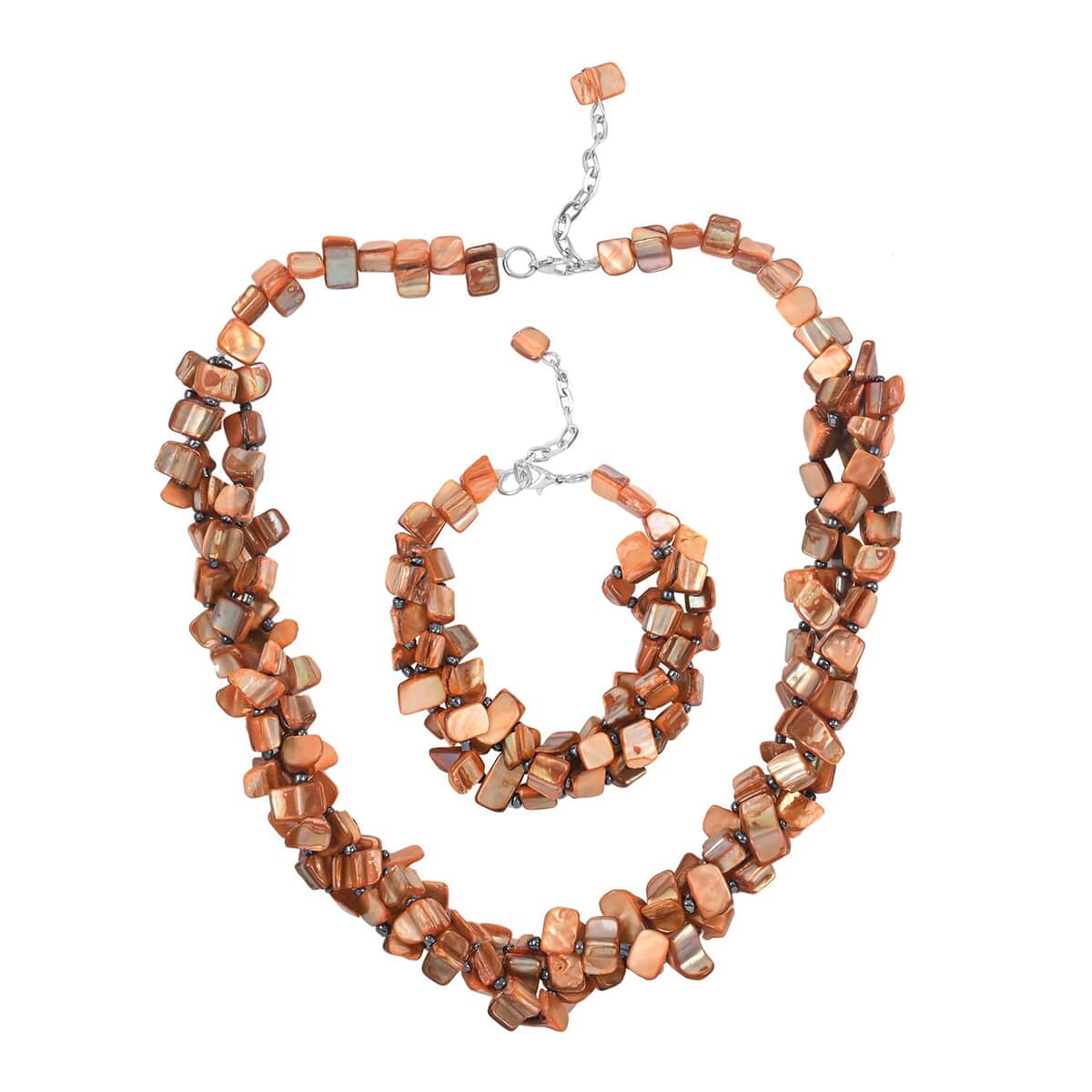 Orange Seed Beads Shell Bracelet (8-10in) and Necklace 20-22 Inches in Silvertone image number 0