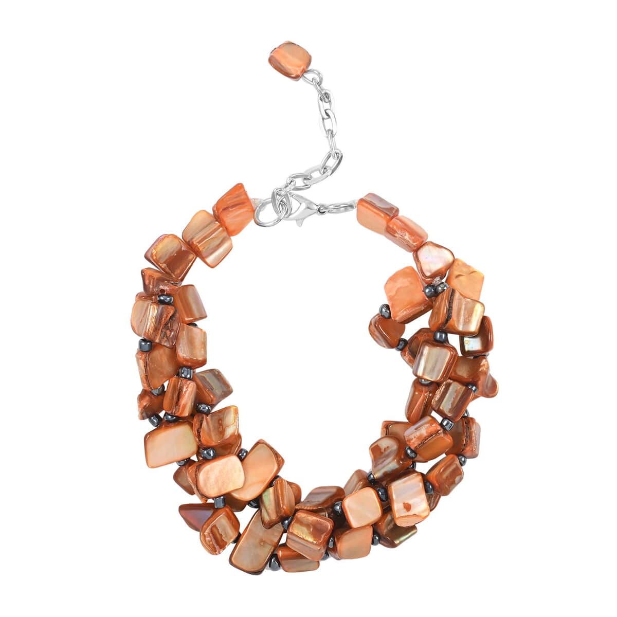 Orange Seed Beads Shell Bracelet (8-10in) and Necklace 20-22 Inches in Silvertone image number 4