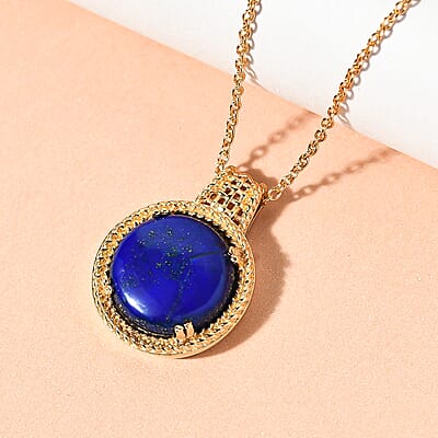 Karis Lapis Lazuli Solitaire Pendant in 18K YG Plated with ION Plated Yellow Gold Stainless Steel Necklace 20 Inches 10.50 ctw