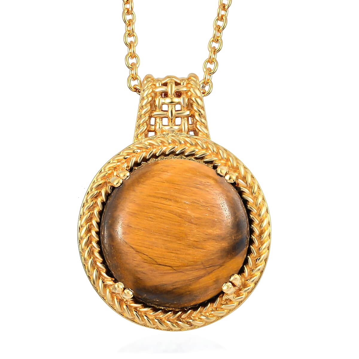 Karis Tiger's Eye Solitaire Pendant Necklace in 18K YG Plated with ION Plated YG Stainless Steel 20 Inches 11.50 ctw image number 0