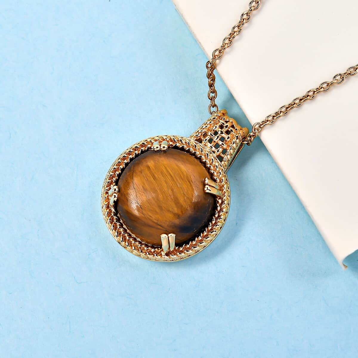Karis Tiger's Eye Solitaire Pendant Necklace in 18K YG Plated with ION Plated YG Stainless Steel 20 Inches 11.50 ctw image number 1