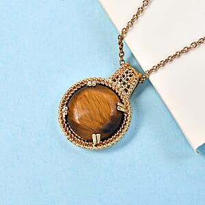 Karis Tiger's Eye 11.50 ctw Solitaire Pendant Necklace in 18K YG Plated with ION Plated YG Stainless Steel 20 Inches