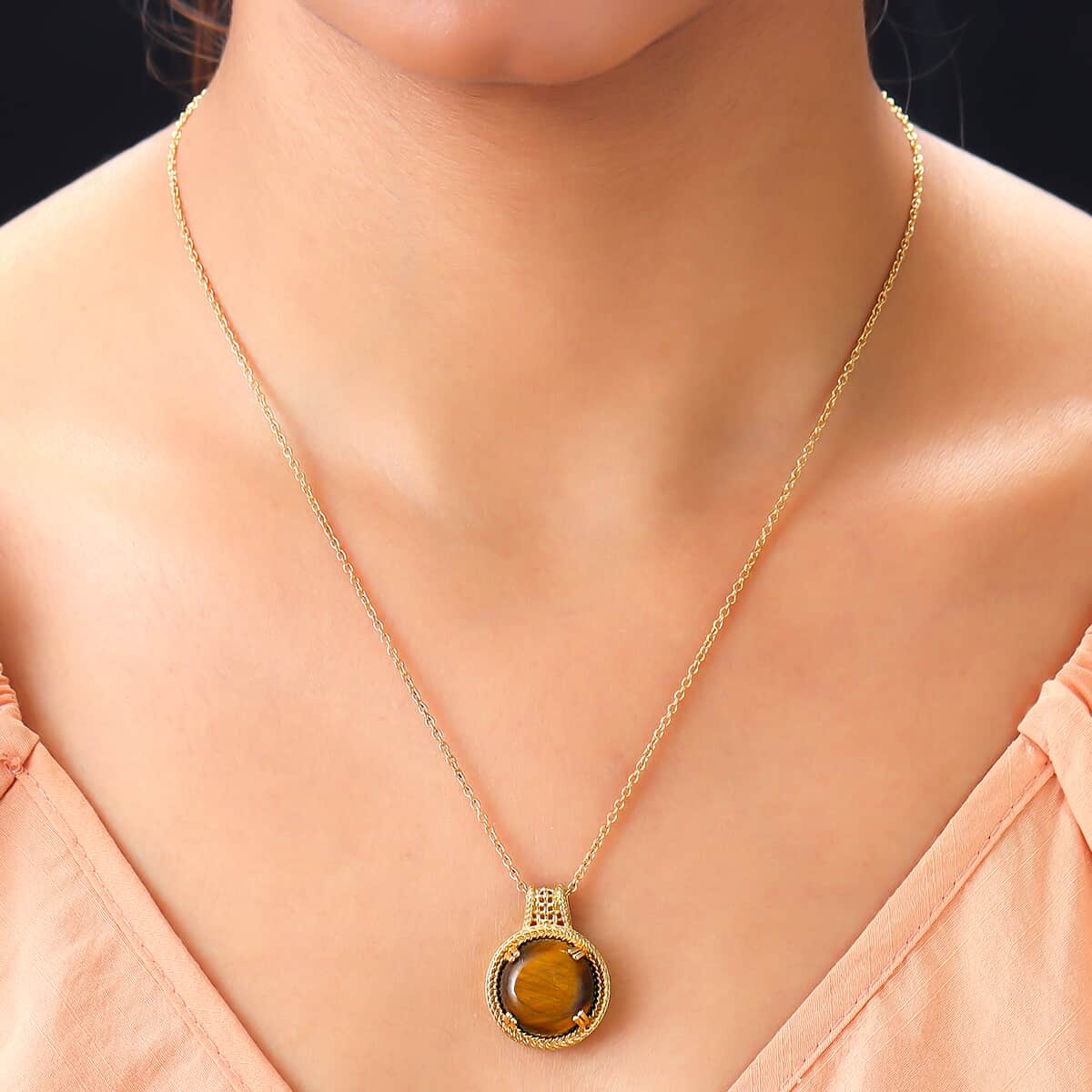 Karis Tiger's Eye Solitaire Pendant Necklace in 18K YG Plated with ION Plated YG Stainless Steel 20 Inches 11.50 ctw image number 2
