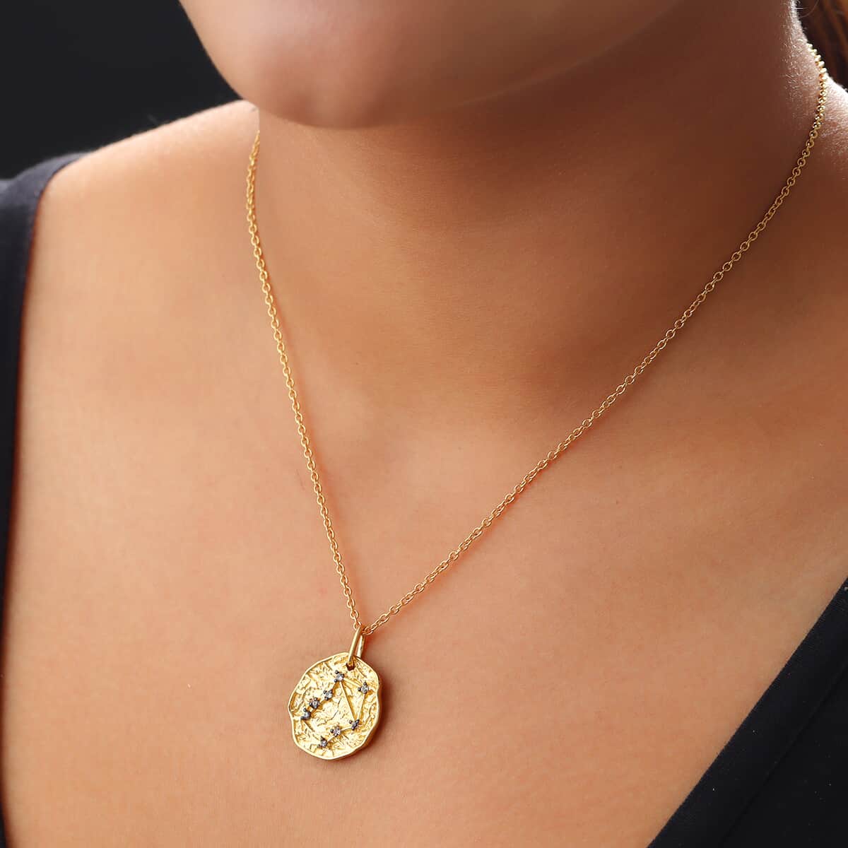 KARIS Natural Champagne Zircon Libra Zodiac Lucky Coin Pendant Necklace 20 Inches in 18K YG Plated and ION Plated YG Stainless Steel 0.15 ctw image number 2