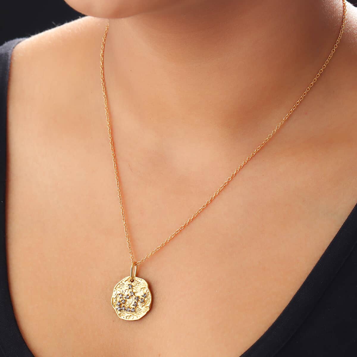 Karis Champagne Zircon Leo Zodiac Lucky Coin Pendant in 18K YG Plated with ION Plated YG Stainless Steel Necklace 20 Inches 0.20 ctw image number 2
