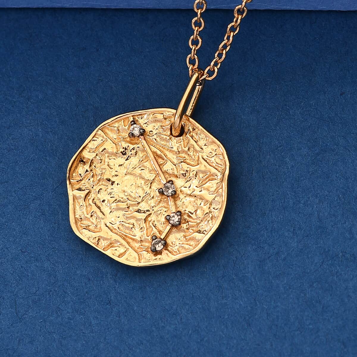 Karis Champagne Zircon Aries Zodiac Lucky Coin Pendant in 18K YG Plated with ION Plated YG Stainless Steel Necklace 20 Inches 0.10 ctw image number 1