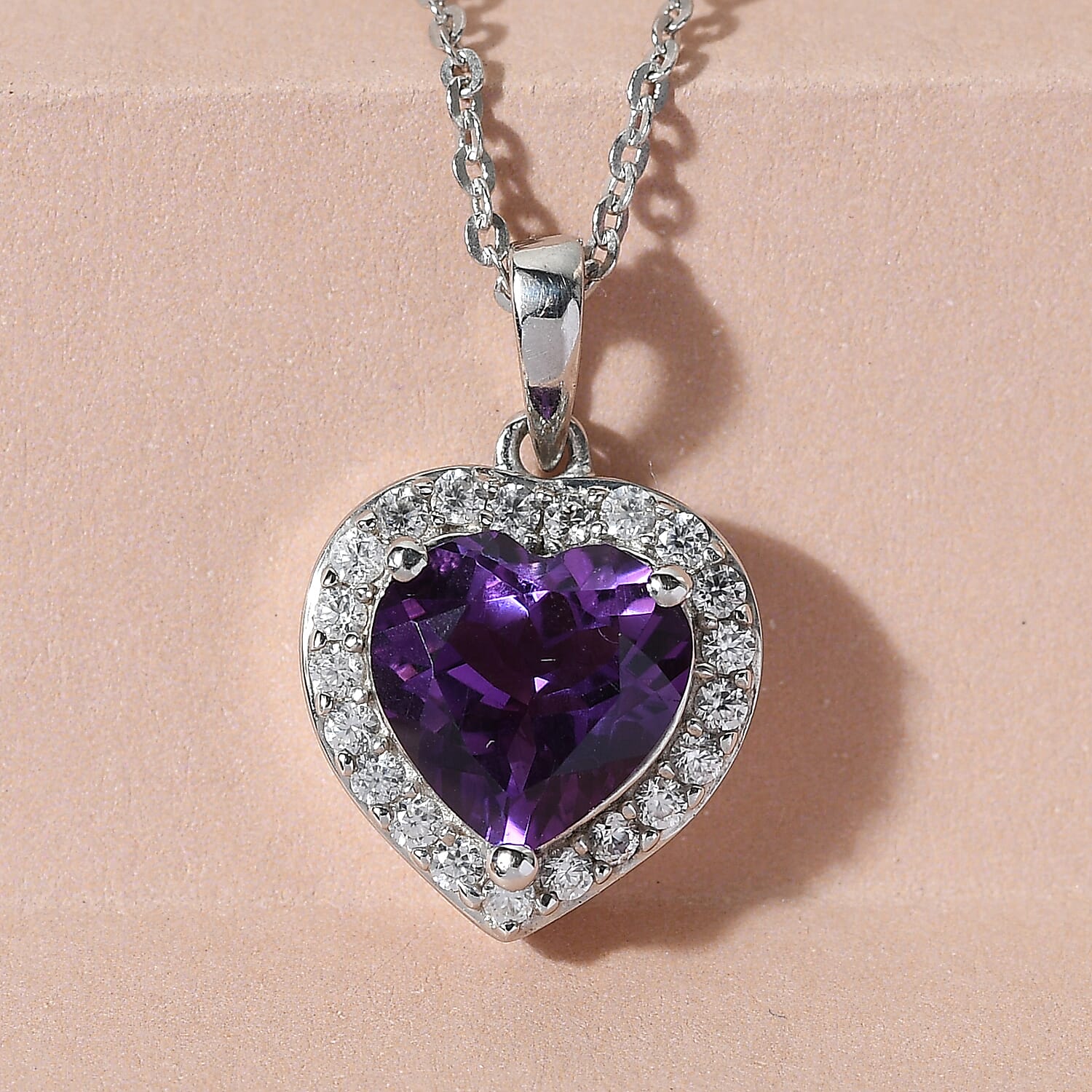 Mashamba Amethyst and Natural White Zircon Heart Pendant Necklace 20 Inches in Platinum Over Sterling Silver 2.80 ctw
