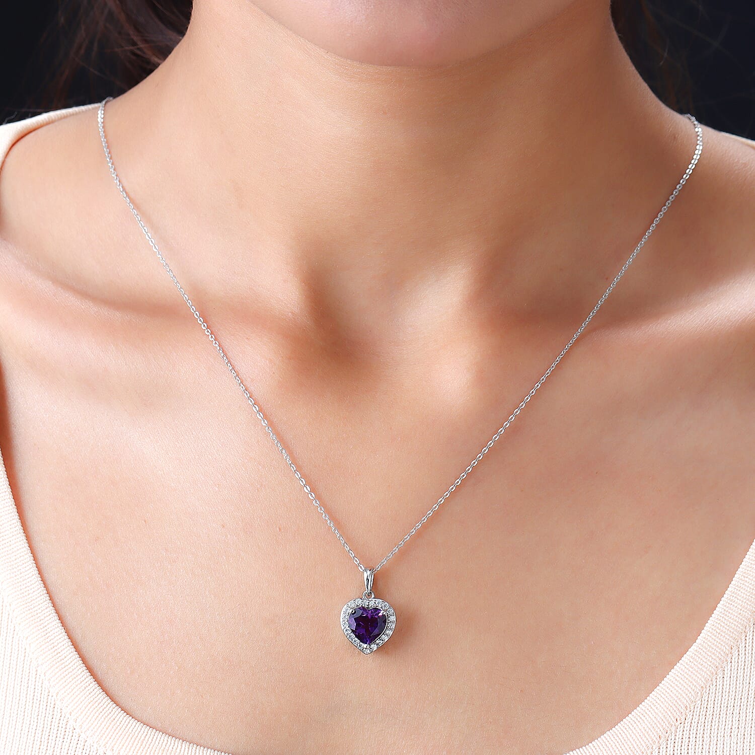 Mashamba Amethyst and Natural White Zircon Heart Pendant Necklace 20 Inches in Platinum Over Sterling Silver 2.80 ctw
