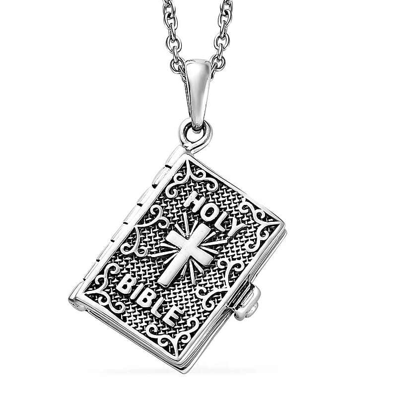 Openable Holy Cross Bible Pendant in Sterling Silver with Stainless Steel Necklace 20 Inches