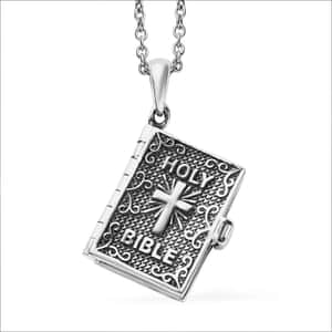 Openable Holy Bible Cross Pendant in Sterling Silver with Stainless Steel Necklace 20 Inches