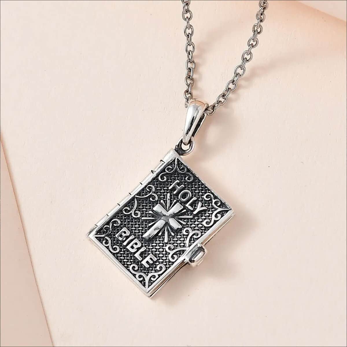 Openable Holy Cross Bible Pendant in Sterling Silver with Stainless Steel Necklace 20 Inches image number 1