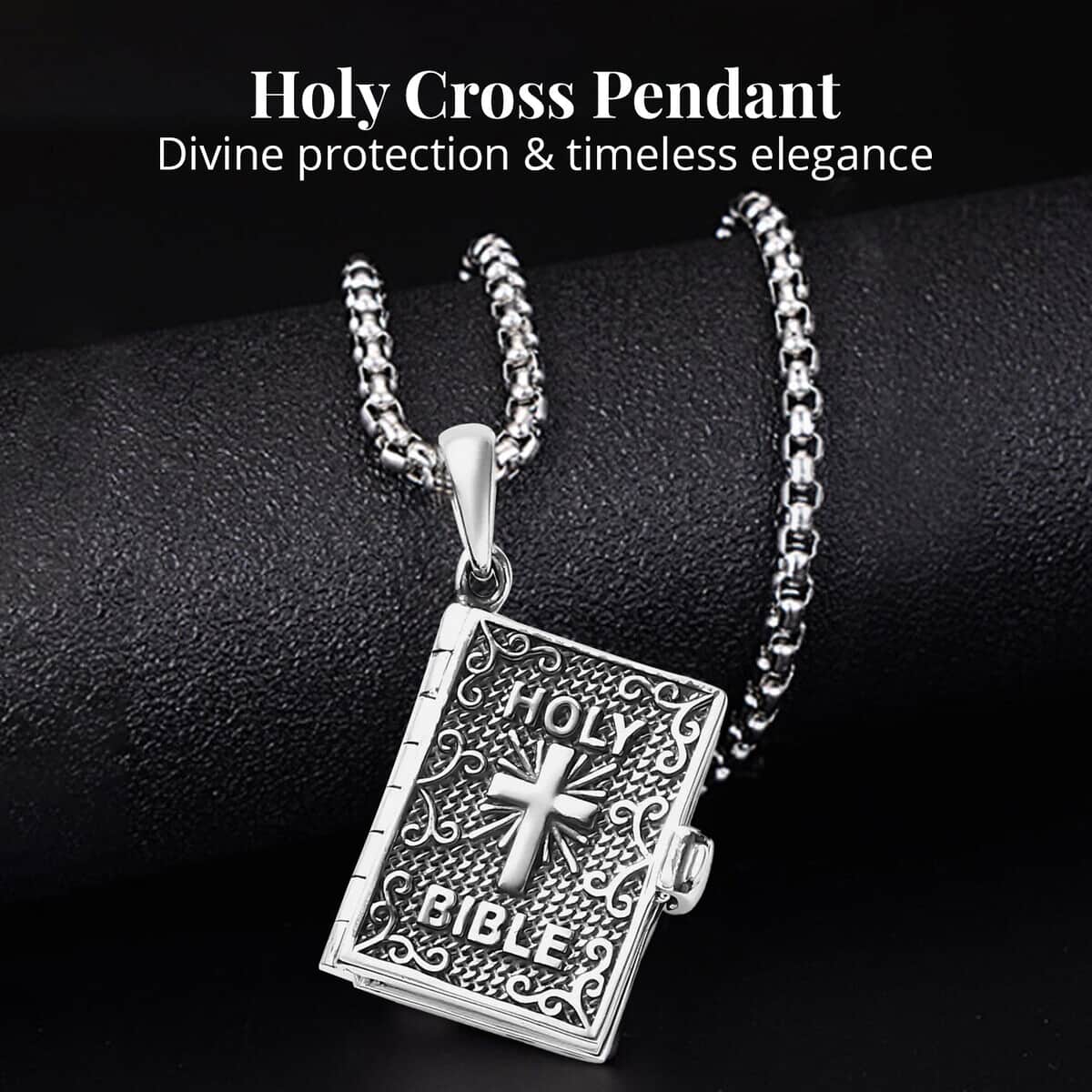 Openable Holy Cross Bible Pendant in Sterling Silver with Stainless Steel Necklace (20 Inches) image number 2