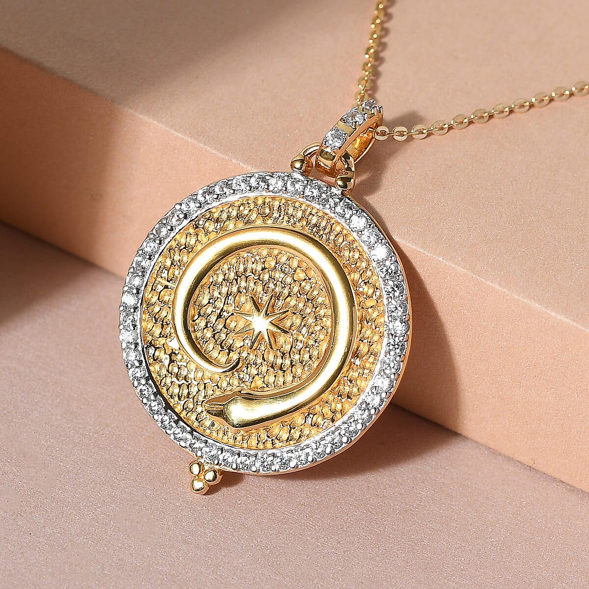 Natural White Zircon Eternal Love Starburst Lucky Coin Snake Pendant Necklace 20 Inches in Vermeil Yellow Gold Over Sterling Silver 1.00 ctw image number 1