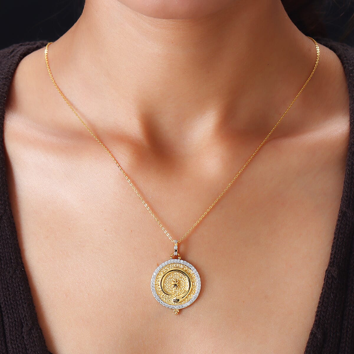 Natural White Zircon Eternal Love Starburst Lucky Coin Snake Pendant Necklace 20 Inches in Vermeil Yellow Gold Over Sterling Silver 1.00 ctw image number 2