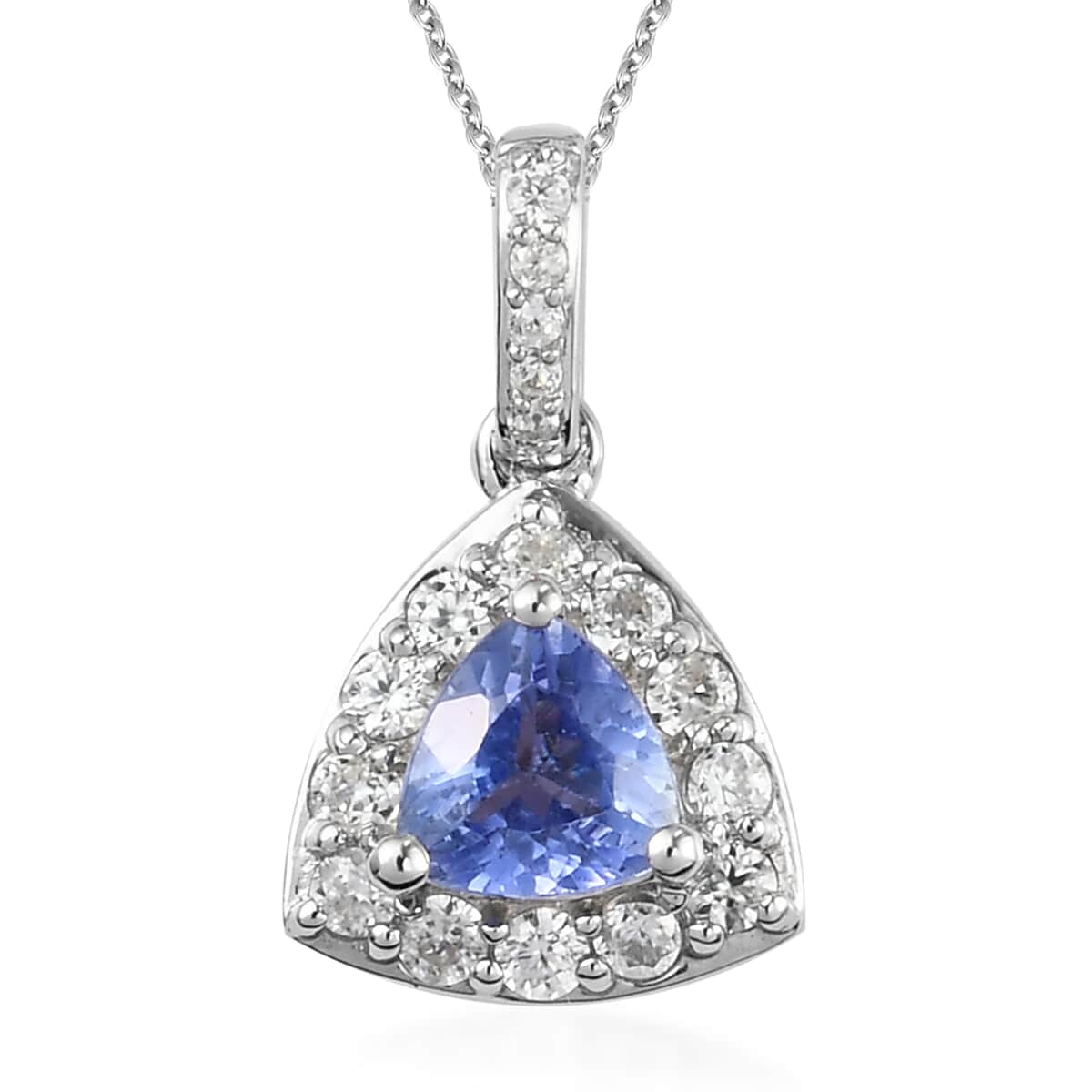 Tanzanite, Natural White Zircon Halo Pendant Necklace (20 Inches) in Platinum Over Sterling Silver 1.00 ctw image number 0