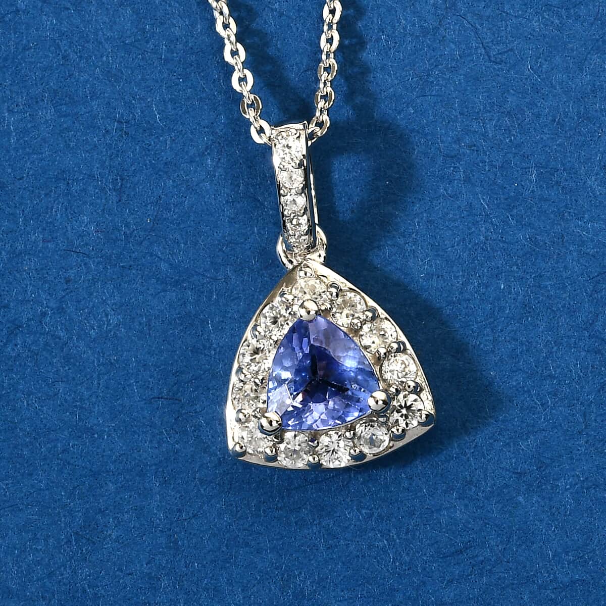 Tanzanite, Natural White Zircon Halo Pendant Necklace (20 Inches) in Platinum Over Sterling Silver 1.00 ctw image number 1