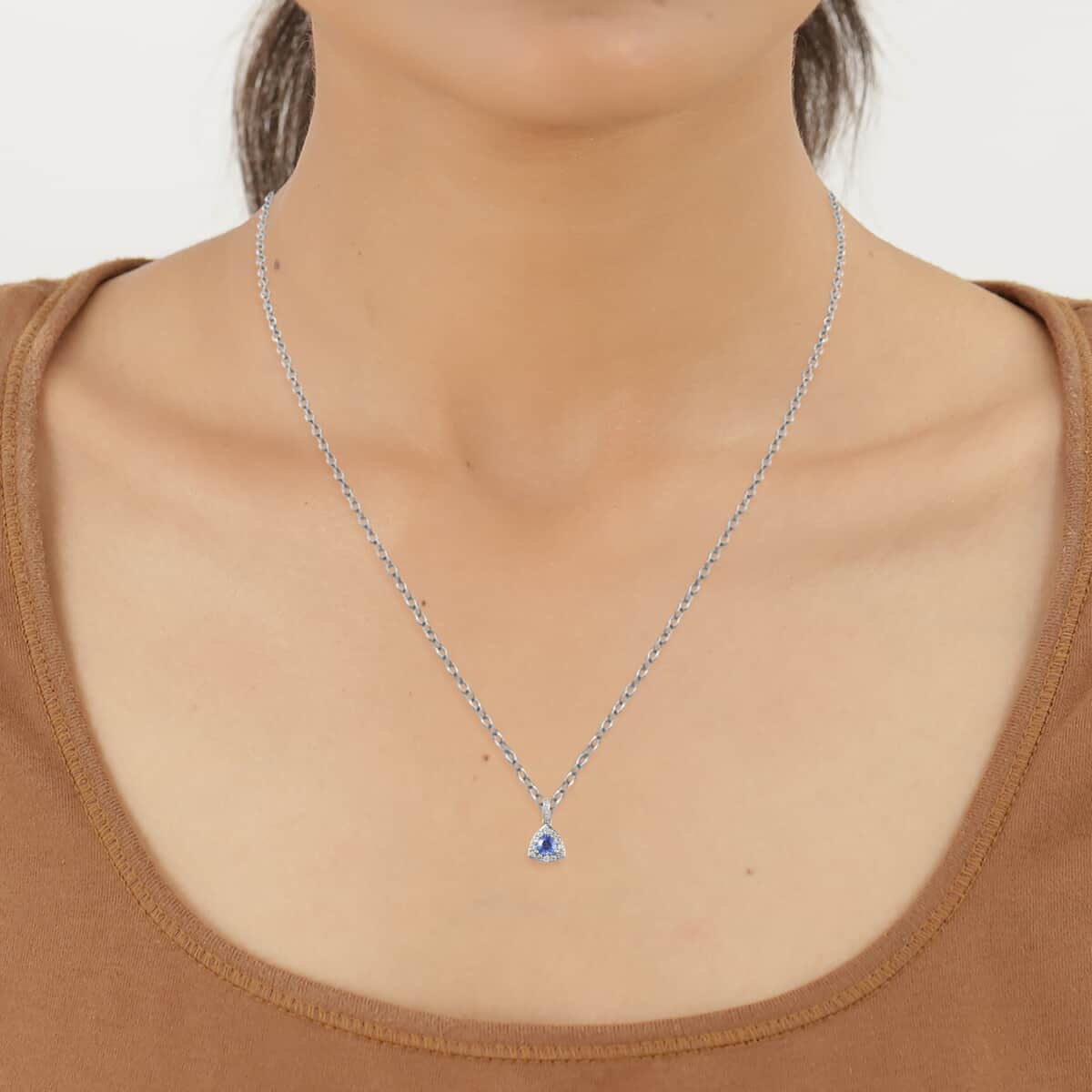 Tanzanite, Natural White Zircon Halo Pendant Necklace (20 Inches) in Platinum Over Sterling Silver 1.00 ctw image number 2