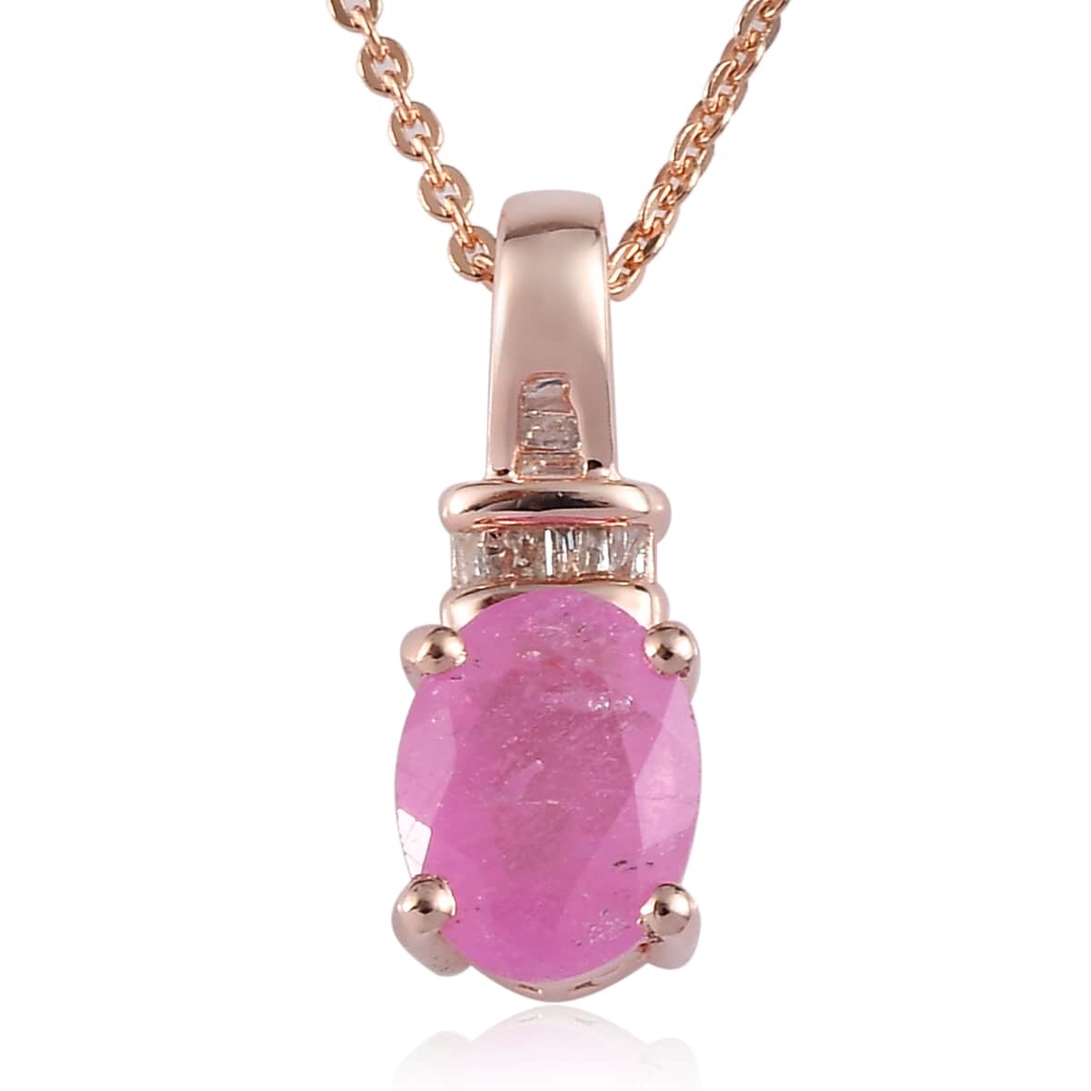 Premium Ilakaka Hot Pink Sapphire (FF) and Diamond Pendant Necklace 20 Inches in Vermeil Rose Gold Over Sterling Silver 1.90 ctw image number 0