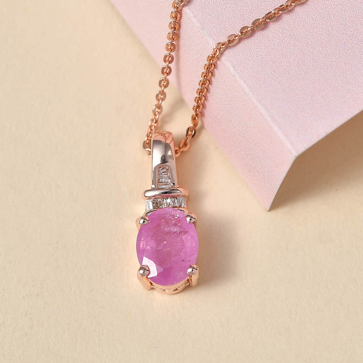 Premium Ilakaka Hot Pink Sapphire (FF) and Diamond Pendant Necklace 20 Inches in Vermeil Rose Gold Over Sterling Silver 1.90 ctw image number 1