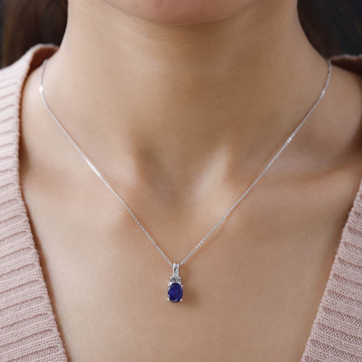 Masoala Sapphire (FF) and Diamond 1.80 ctw Pendant Necklace in Platinum Over Sterling Silver 20 Inches image number 2