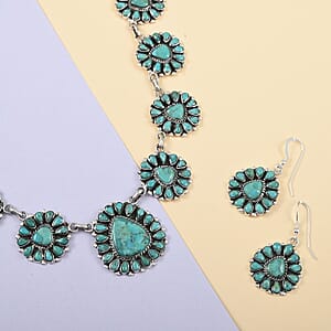 Santa Fe Style Kingman Turquoise Statement Necklace 16 Inches and Flower Drop Earrings in Sterling Silver 46.40 Grams 15.25 ctw