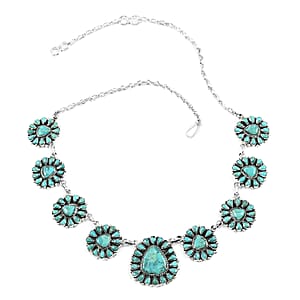 Santa Fe Style Kingman Turquoise Statement Necklace 16 Inches and Flower Drop Earrings in Sterling Silver 46.40 Grams 15.25 ctw