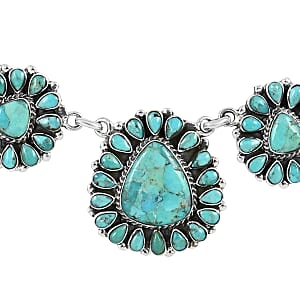 Santa Fe Style Kingman Turquoise Statement Necklace 16 Inches and Flower Drop Earrings in Sterling Silver 46.40 Grams 15.25 ctw