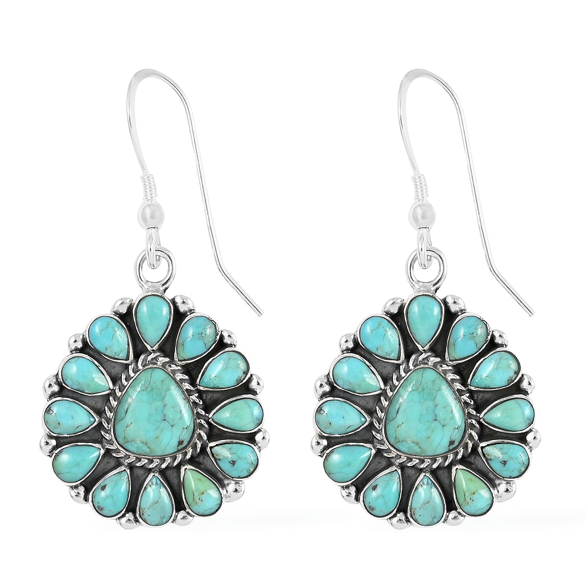 Santa Fe Style Kingman Turquoise Statement Necklace 16 Inches and Flower Drop Earrings in Sterling Silver 46.40 Grams 15.25 ctw