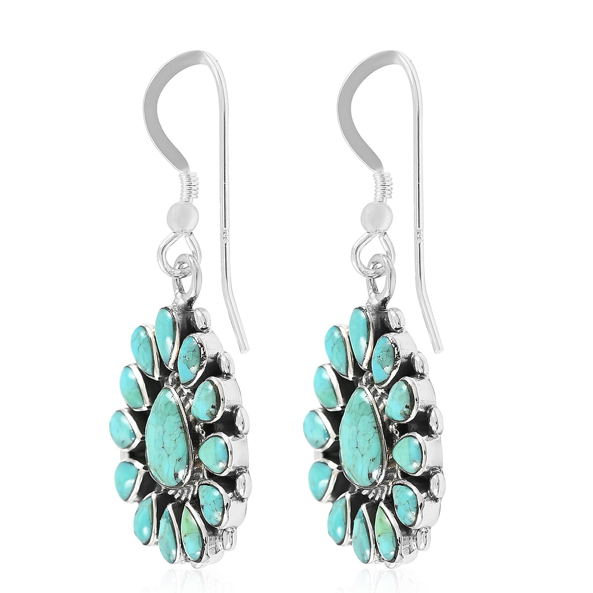 Santa Fe Style Kingman Turquoise Statement Necklace 16 Inches and Flower Drop Earrings in Sterling Silver 46.40 Grams 15.25 ctw