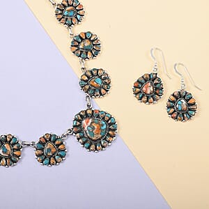 Santa Fe Style Spiny Turquoise Statement Necklace 18 Inches and Flower Drop Earrings in Sterling Silver 7.00 ctw