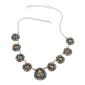 Santa Fe Style Spiny Turquoise Statement Necklace 18 Inches and Flower Drop Earrings in Sterling Silver 7.00 ctw