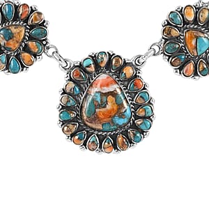 Santa Fe Style Spiny Turquoise Statement Necklace 18 Inches and Flower Drop Earrings in Sterling Silver 7.00 ctw