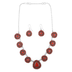 Santa Fe Style Enhanced Red Coral Statement Necklace 20 Inches and Floral Inspired Dangle Earrings in Sterling Silver