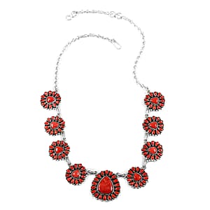 Santa Fe Style Enhanced Red Coral Statement Necklace 20 Inches and Floral Inspired Dangle Earrings in Sterling Silver