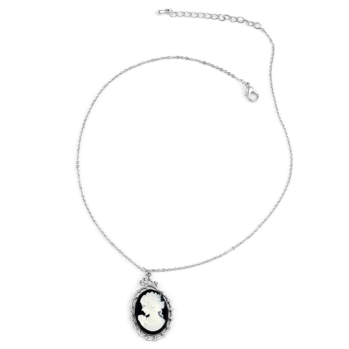 Black Cameo Necklace 16 Inches and Earrings in Silvertone 54.00 ctw image number 3