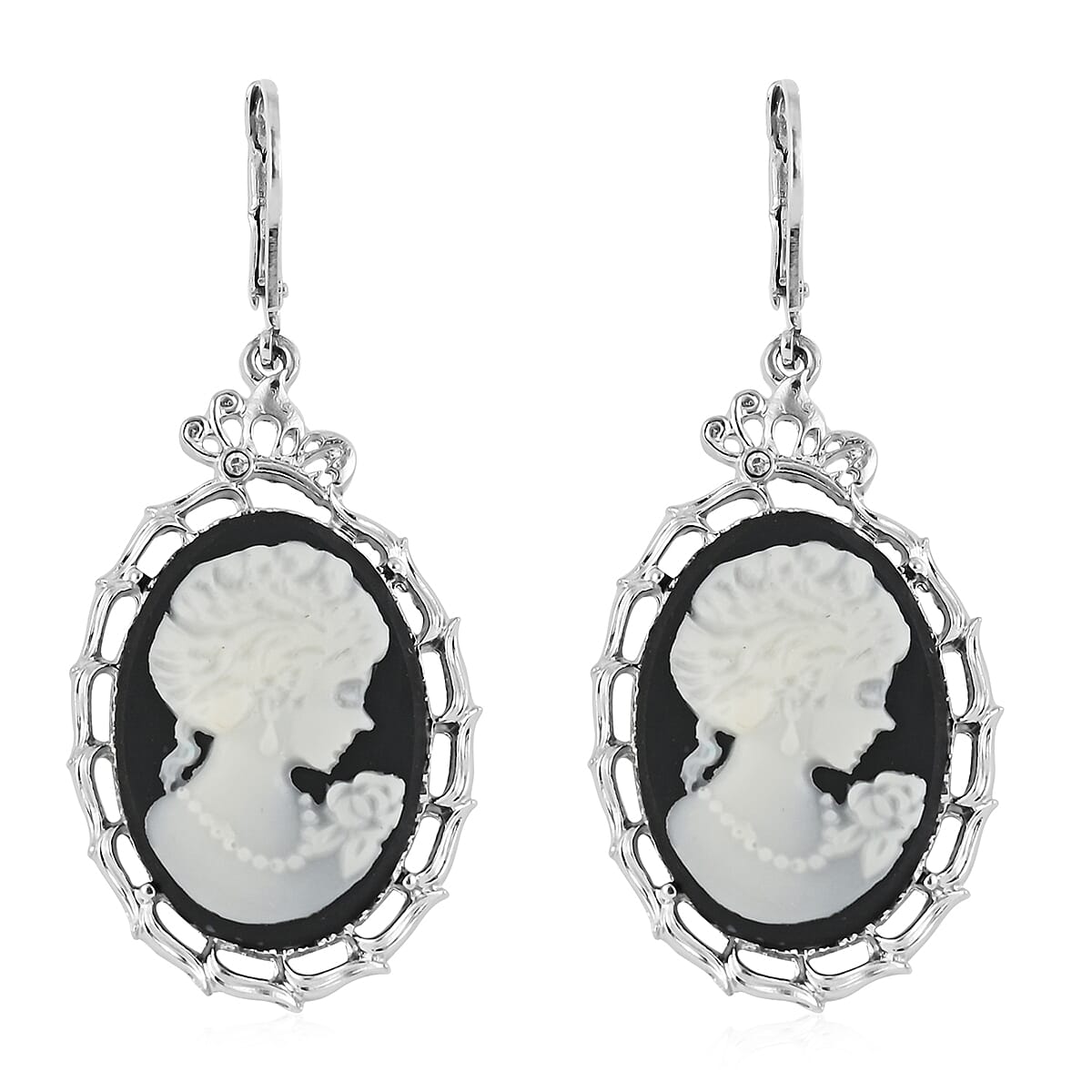 Black Cameo Necklace 16 Inches and Earrings in Silvertone 54.00 ctw image number 5