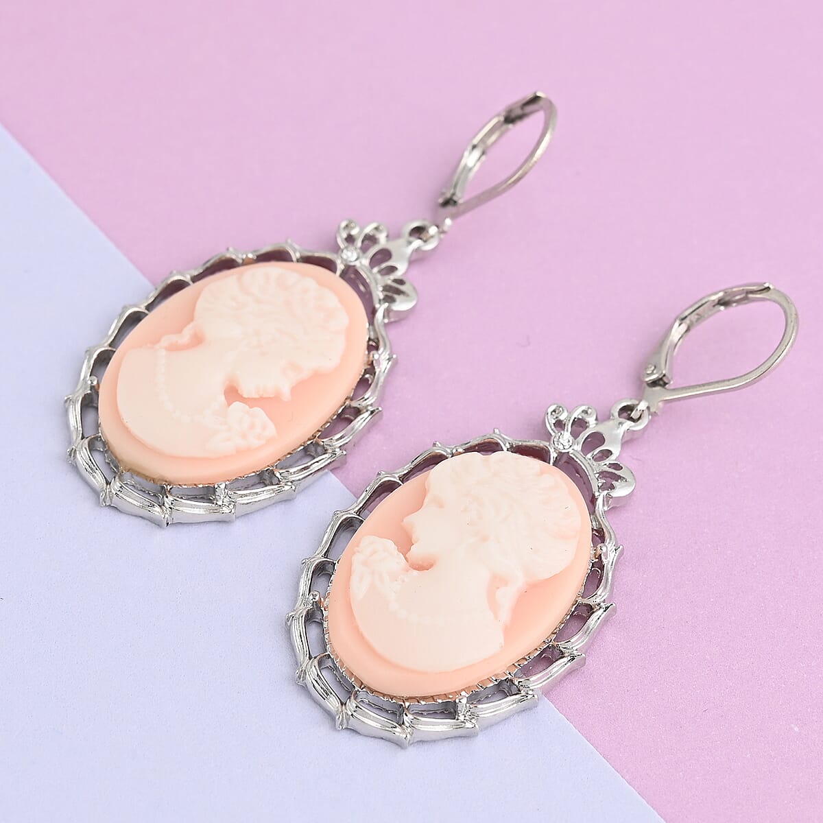 Blush Pink Cameo Necklace 16 Inches and Earrings in Silvertone image number 1
