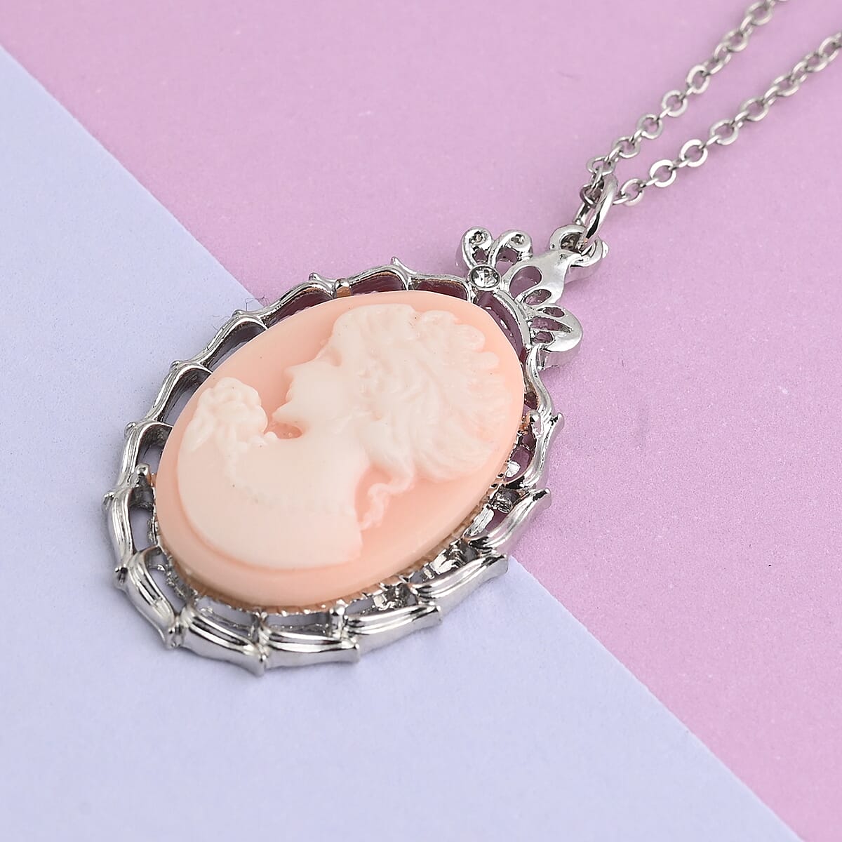Blush Pink Cameo Necklace 16 Inches and Earrings in Silvertone image number 2